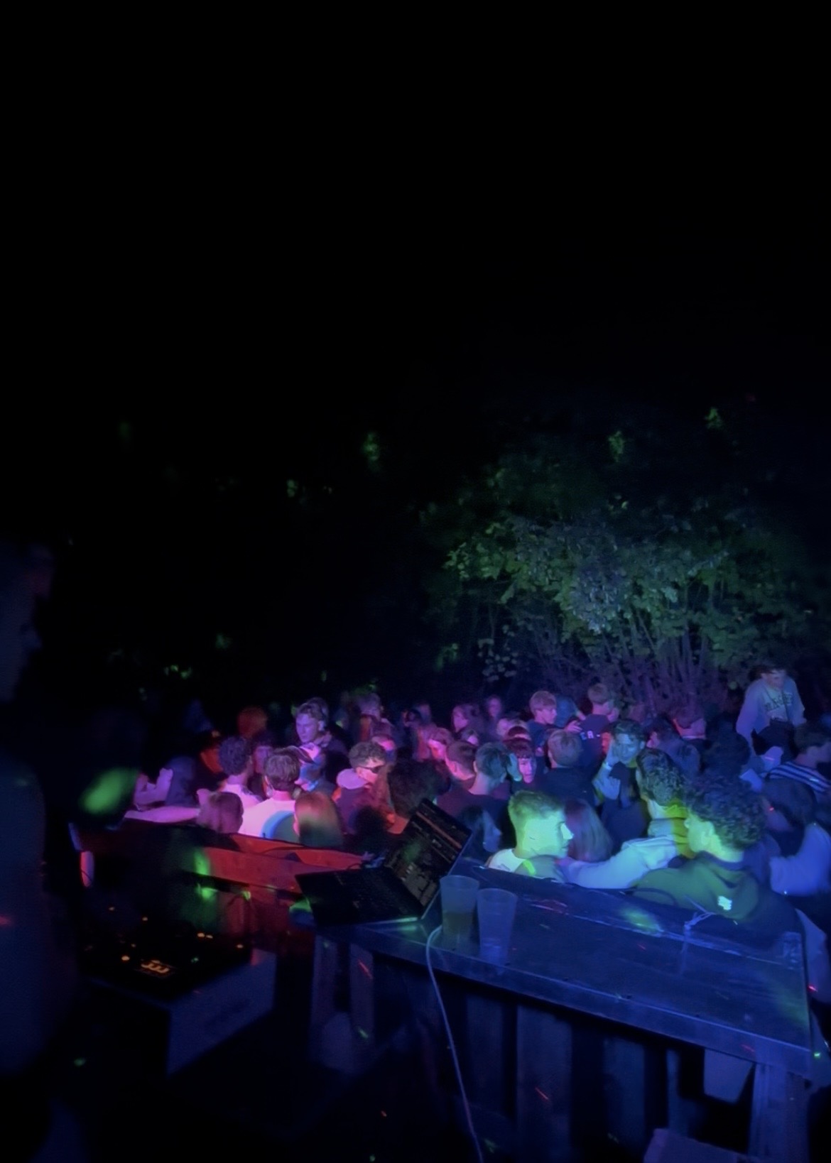 Menge tanzt vor dem DJ-Pult bei der letzten Abrissparty X, nachts im Garten X